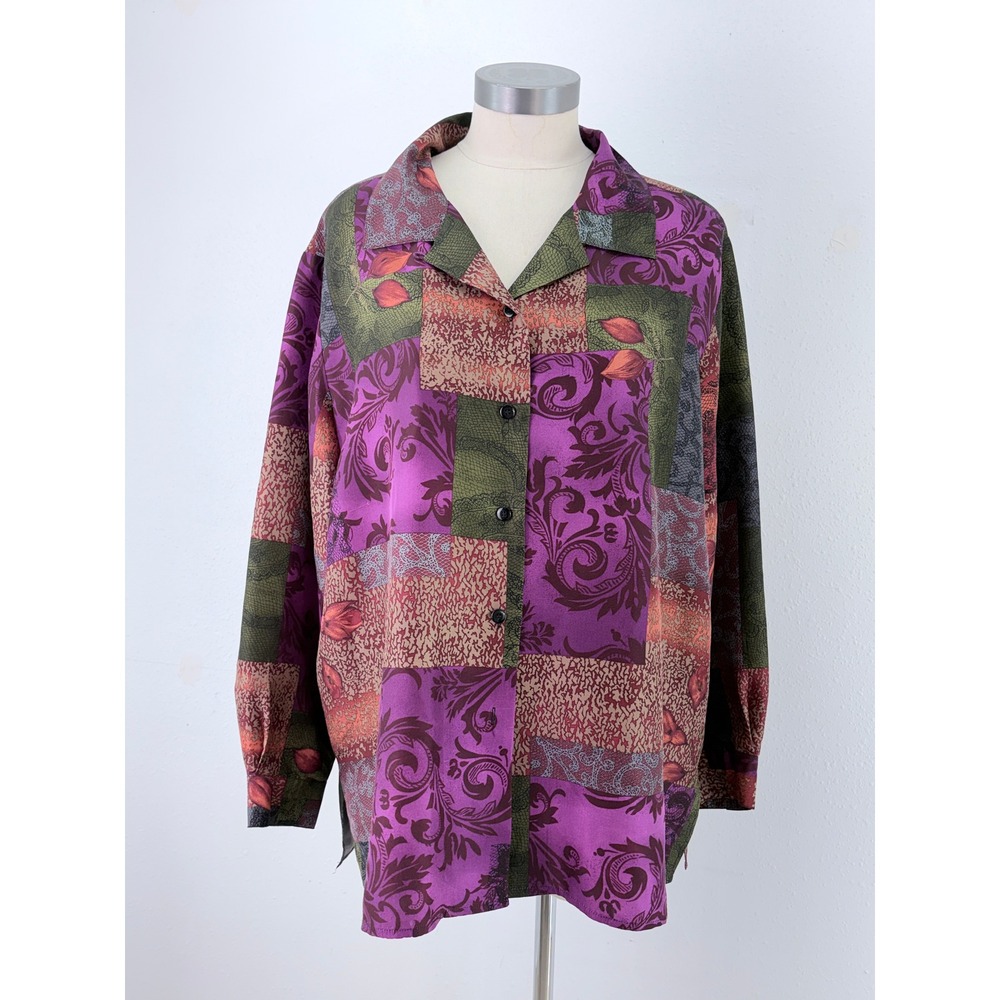 Coldwater Creek 100% Silk Blouse Purple Patchwork Floral Shirt PXL